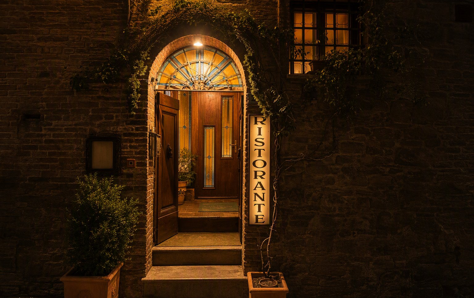 L'ingresso del ristorante di sera